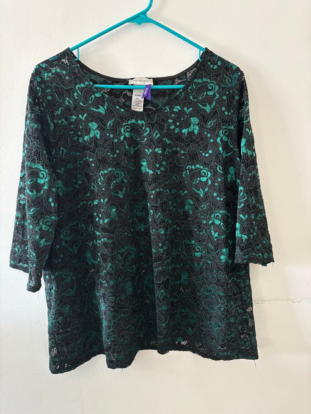 Catherines Womens Lace Top Size 0XWP Black Green Whimsigoth Fairy Grunge Sheer